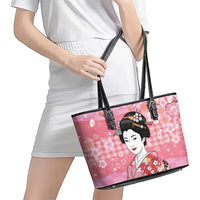 Japanese Geisha Cherry Blossom Leather Tote Bag Pink Palaka Hawaii Pattern Fusion Design
