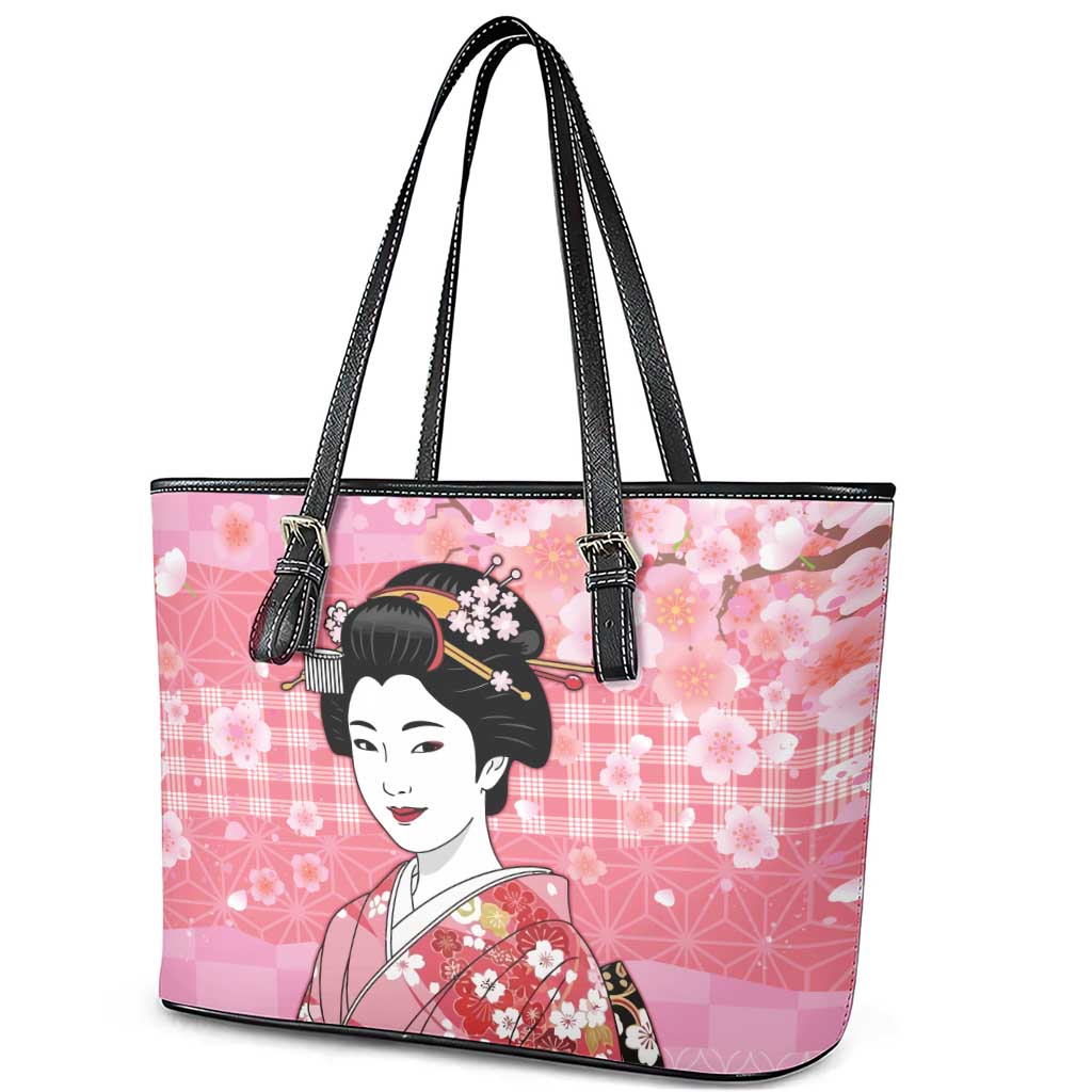 Japanese Geisha Cherry Blossom Leather Tote Bag Pink Palaka Hawaii Pattern Fusion Design