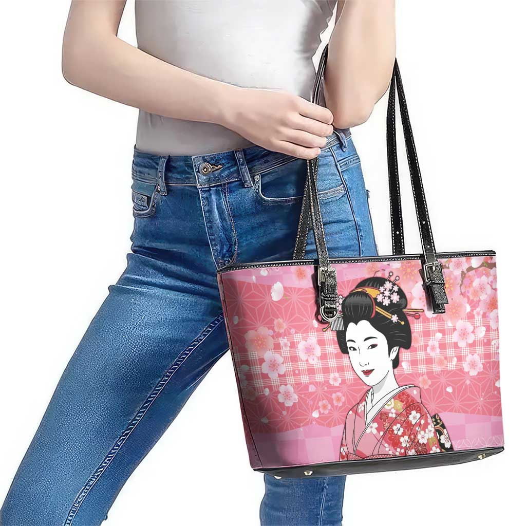 Japanese Geisha Cherry Blossom Leather Tote Bag Pink Palaka Hawaii Pattern Fusion Design