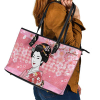 Japanese Geisha Cherry Blossom Leather Tote Bag Pink Palaka Hawaii Pattern Fusion Design