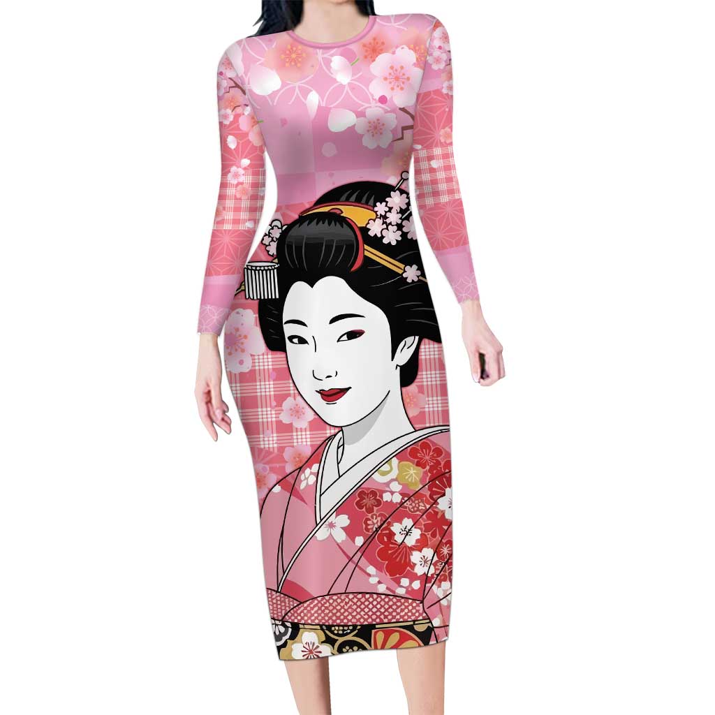 Japanese Geisha Cherry Blossom Long Sleeve Bodycon Dress Pink Palaka Hawaii Pattern Fusion Design
