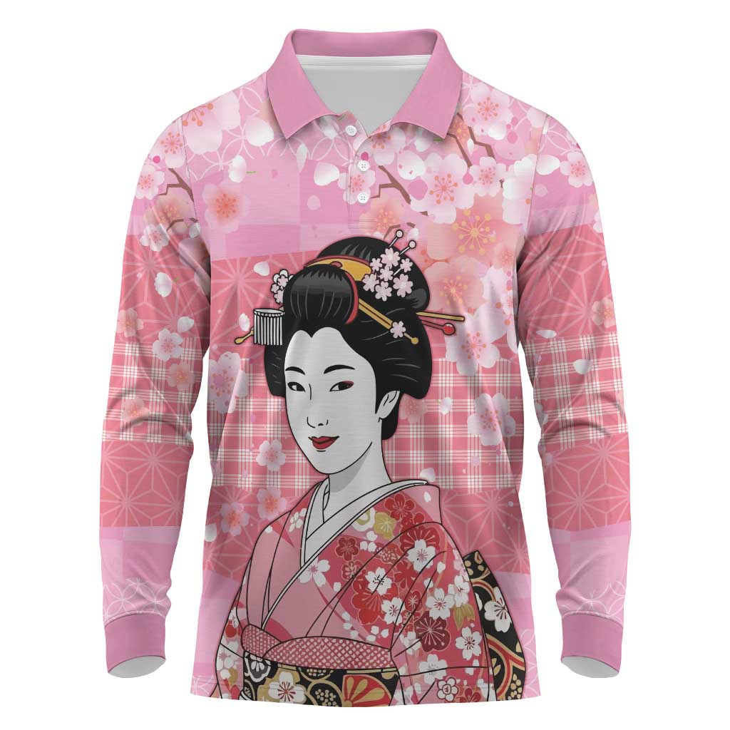 Japanese Geisha Cherry Blossom Long Sleeve Polo Shirt Pink Palaka Hawaii Pattern Fusion Design