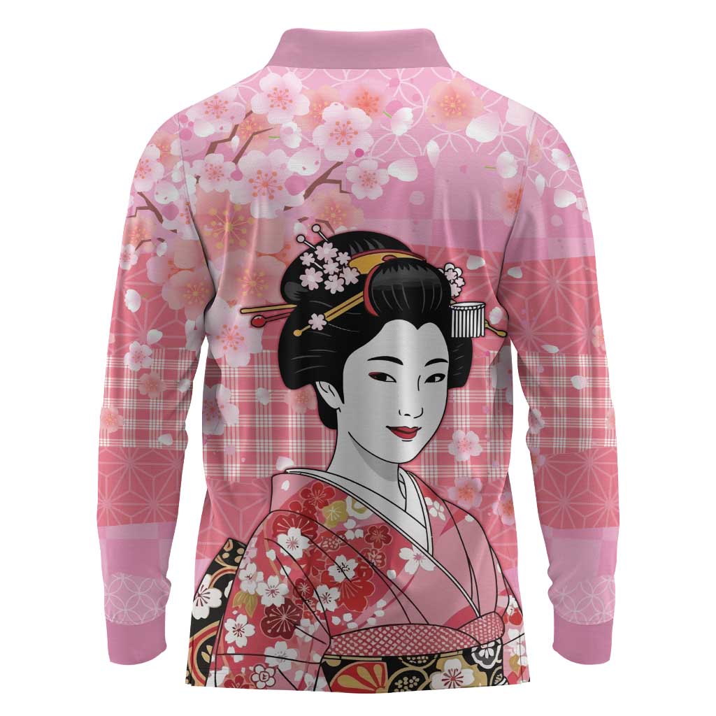 Japanese Geisha Cherry Blossom Long Sleeve Polo Shirt Pink Palaka Hawaii Pattern Fusion Design