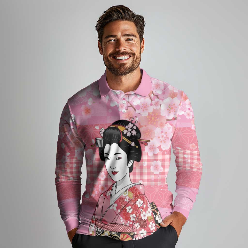 Japanese Geisha Cherry Blossom Long Sleeve Polo Shirt Pink Palaka Hawaii Pattern Fusion Design