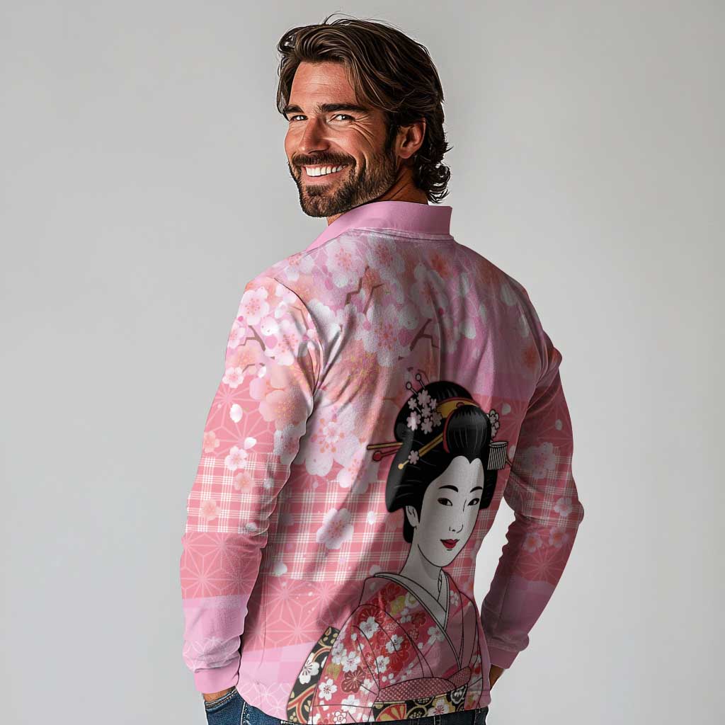 Japanese Geisha Cherry Blossom Long Sleeve Polo Shirt Pink Palaka Hawaii Pattern Fusion Design