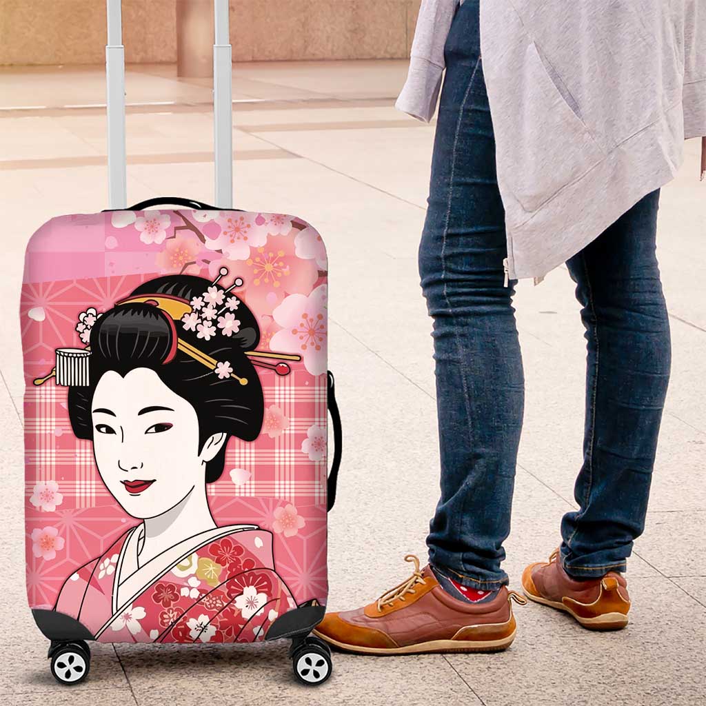 Japanese Geisha Cherry Blossom Luggage Cover Pink Palaka Hawaii Pattern Fusion Design