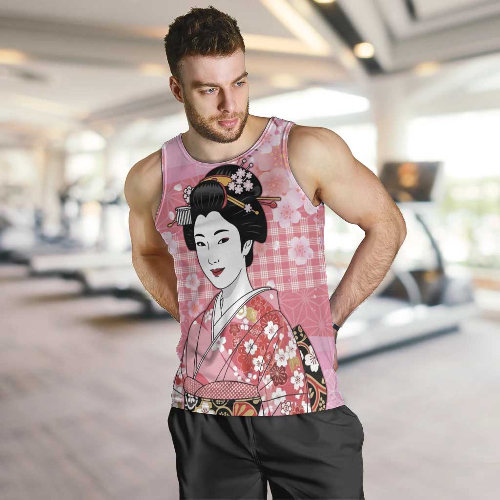 Japanese Geisha Cherry Blossom Men Tank Top Pink Palaka Hawaii Pattern Fusion Design