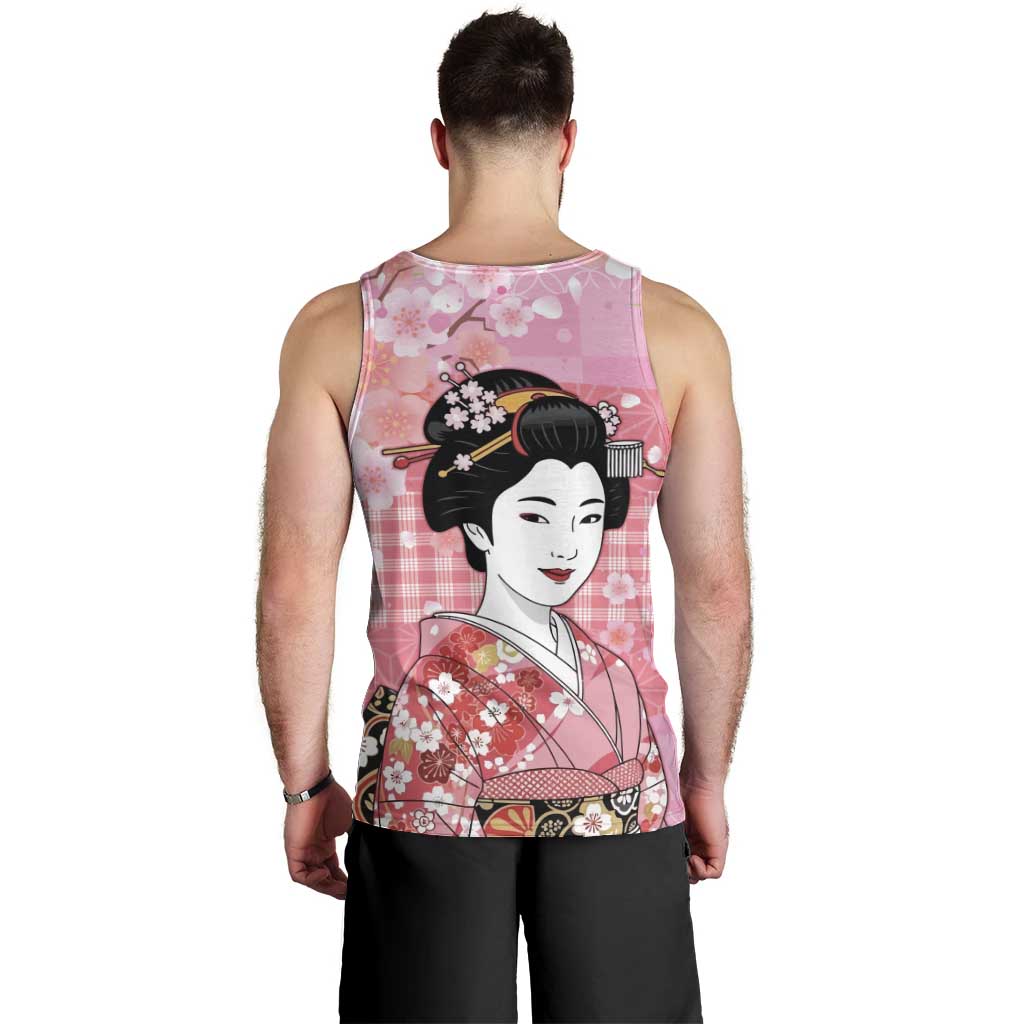 Japanese Geisha Cherry Blossom Men Tank Top Pink Palaka Hawaii Pattern Fusion Design
