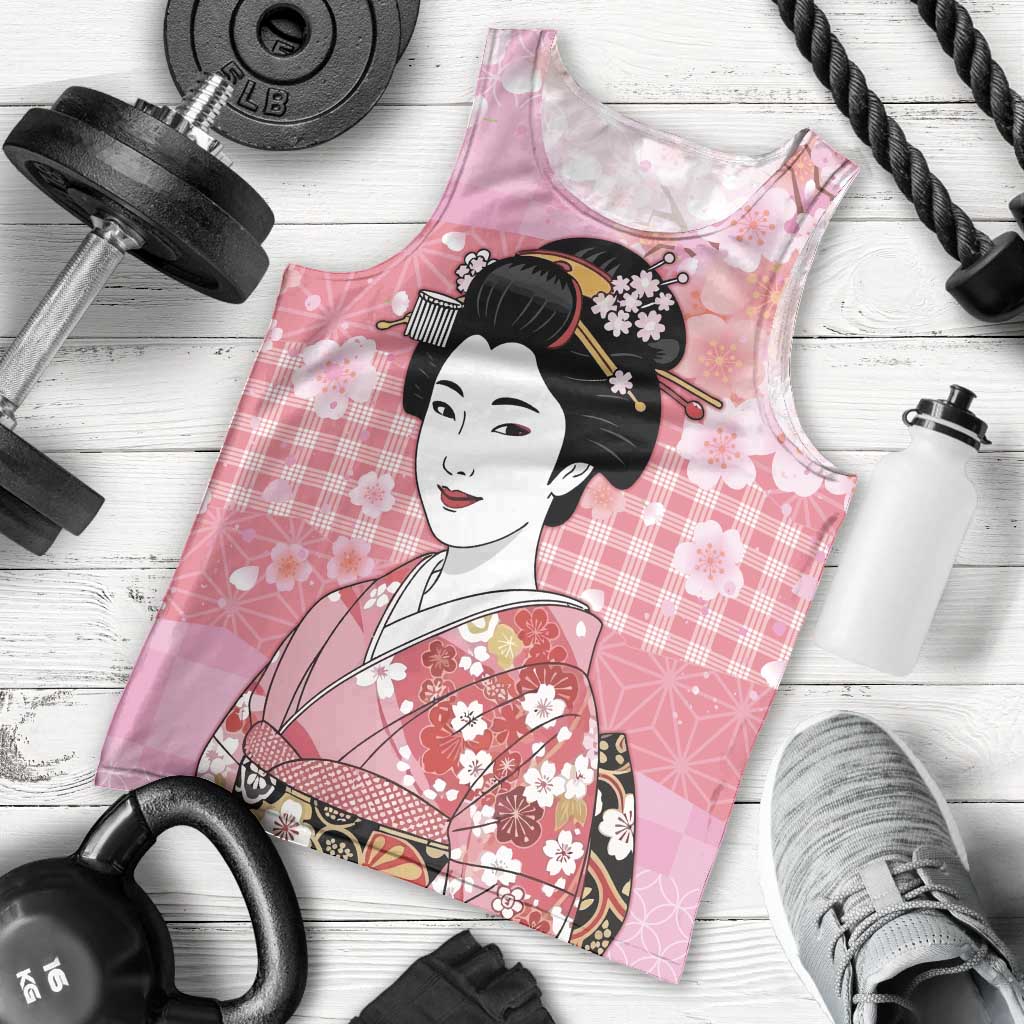 Japanese Geisha Cherry Blossom Men Tank Top Pink Palaka Hawaii Pattern Fusion Design