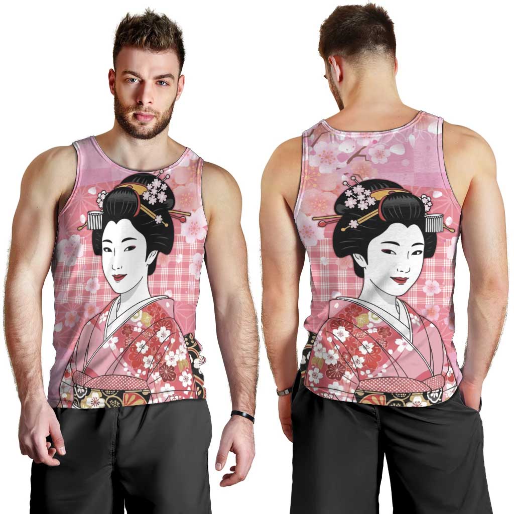 Japanese Geisha Cherry Blossom Men Tank Top Pink Palaka Hawaii Pattern Fusion Design