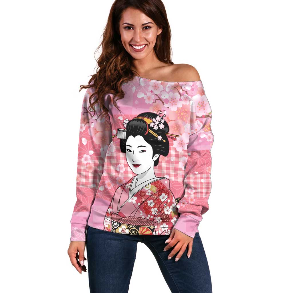 Japanese Geisha Cherry Blossom Off Shoulder Sweater Pink Palaka Hawaii Pattern Fusion Design