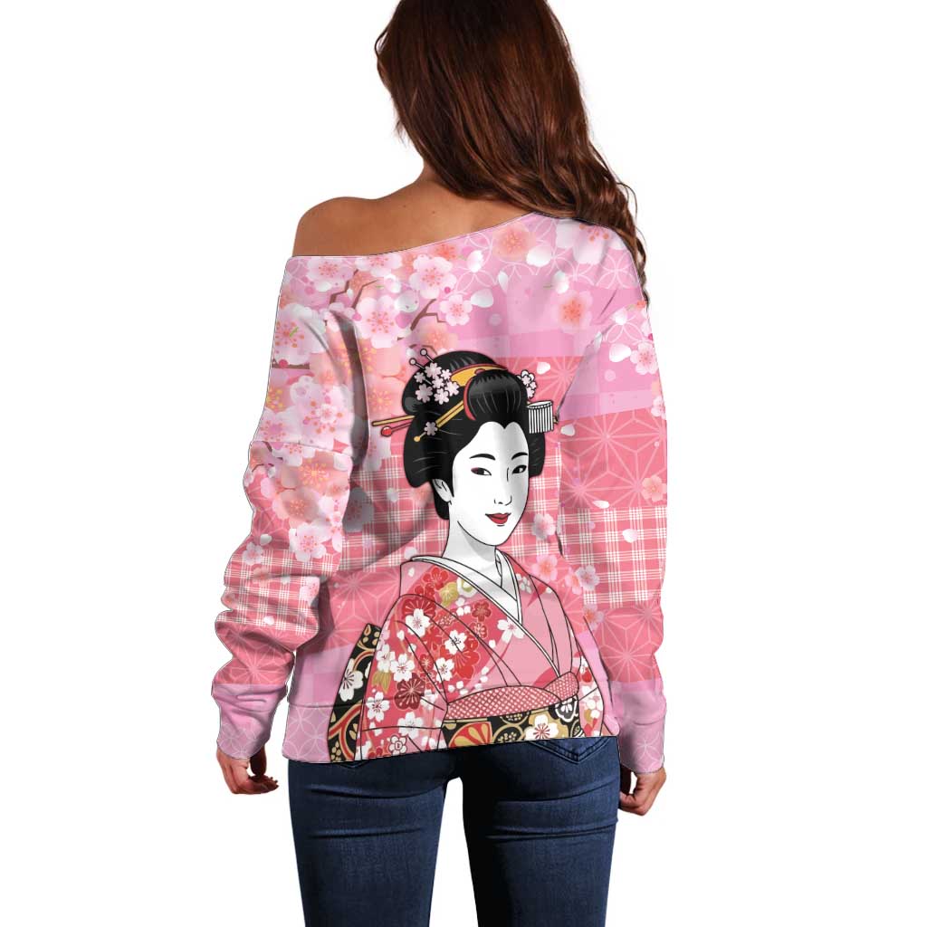 Japanese Geisha Cherry Blossom Off Shoulder Sweater Pink Palaka Hawaii Pattern Fusion Design