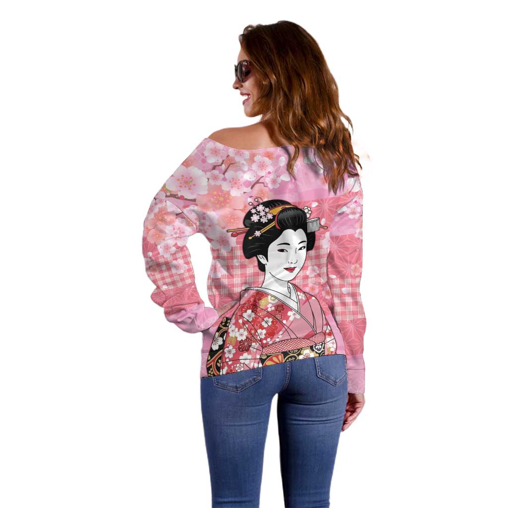 Japanese Geisha Cherry Blossom Off Shoulder Sweater Pink Palaka Hawaii Pattern Fusion Design