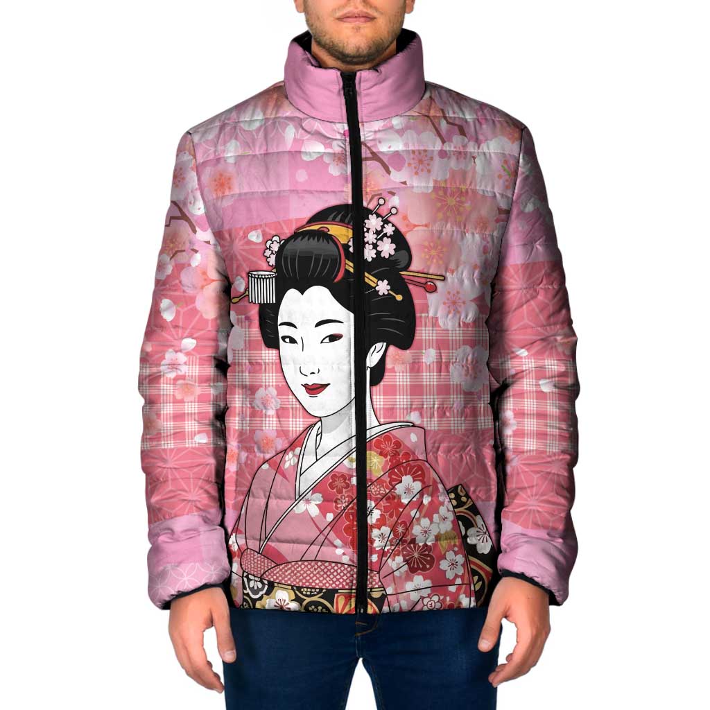 Japanese Geisha Cherry Blossom Padded Jacket Pink Palaka Hawaii Pattern Fusion Design