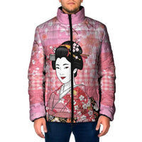 Japanese Geisha Cherry Blossom Padded Jacket Pink Palaka Hawaii Pattern Fusion Design