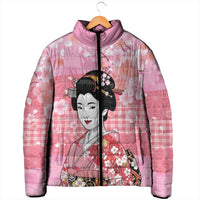 Japanese Geisha Cherry Blossom Padded Jacket Pink Palaka Hawaii Pattern Fusion Design