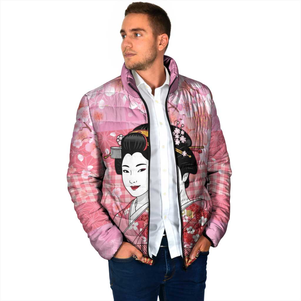 Japanese Geisha Cherry Blossom Padded Jacket Pink Palaka Hawaii Pattern Fusion Design