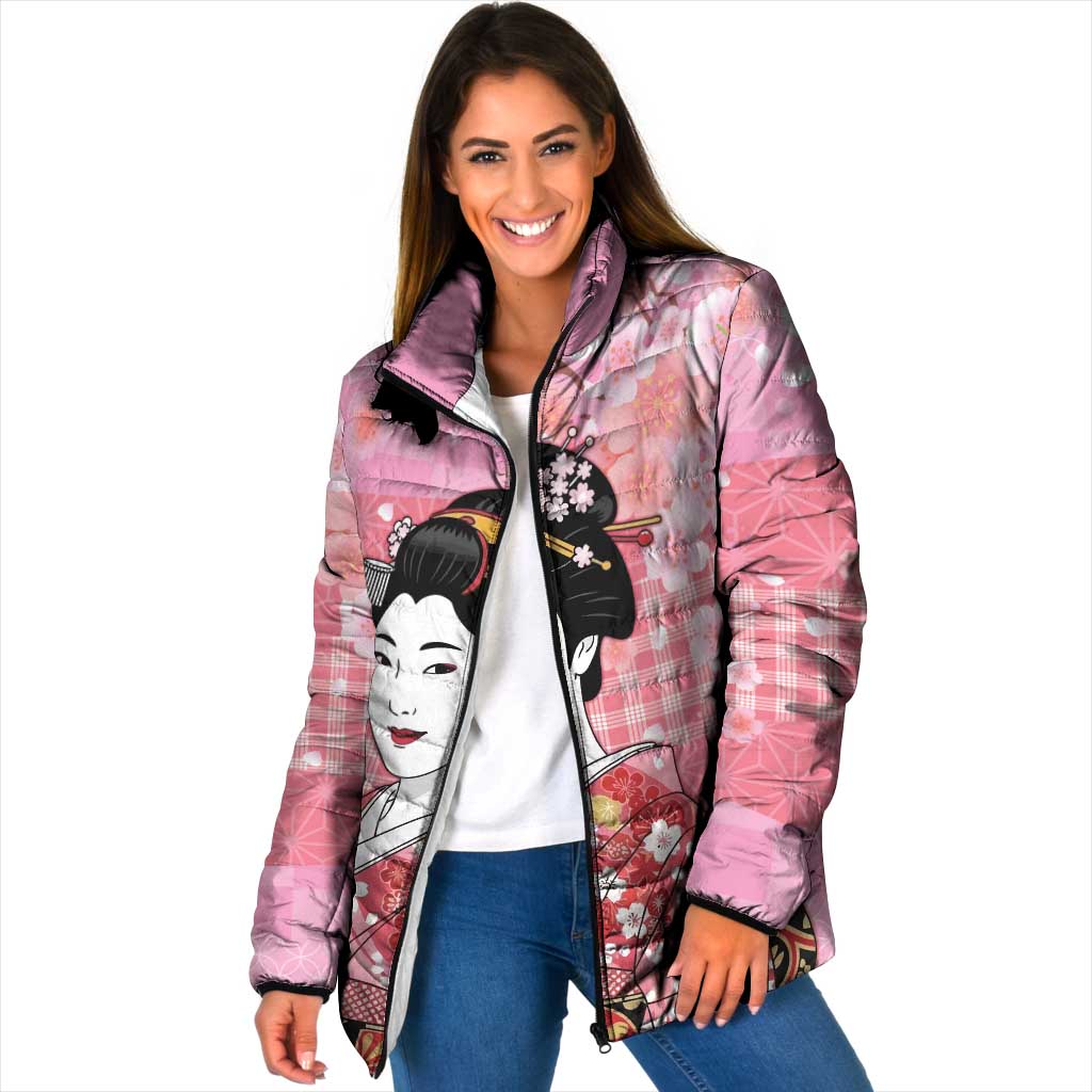 Japanese Geisha Cherry Blossom Padded Jacket Pink Palaka Hawaii Pattern Fusion Design