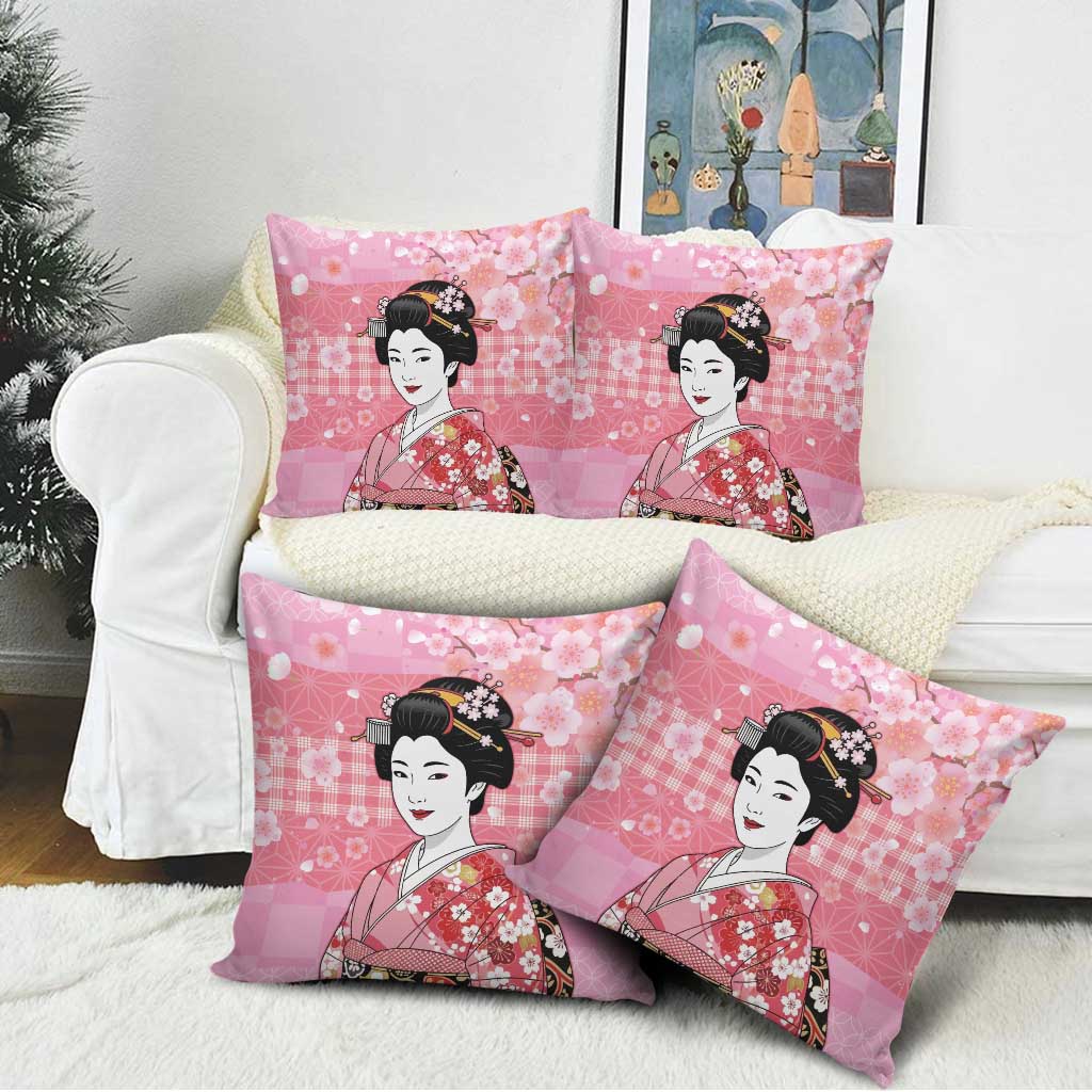 Japanese Geisha Cherry Blossom Pillow Cover Pink Palaka Hawaii Pattern Fusion Design