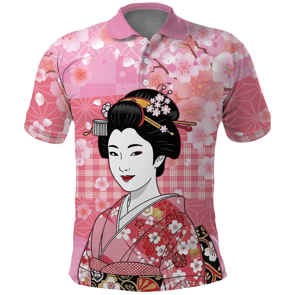 Japanese Geisha Cherry Blossom Polo Shirt Pink Palaka Hawaii Pattern Fusion Design