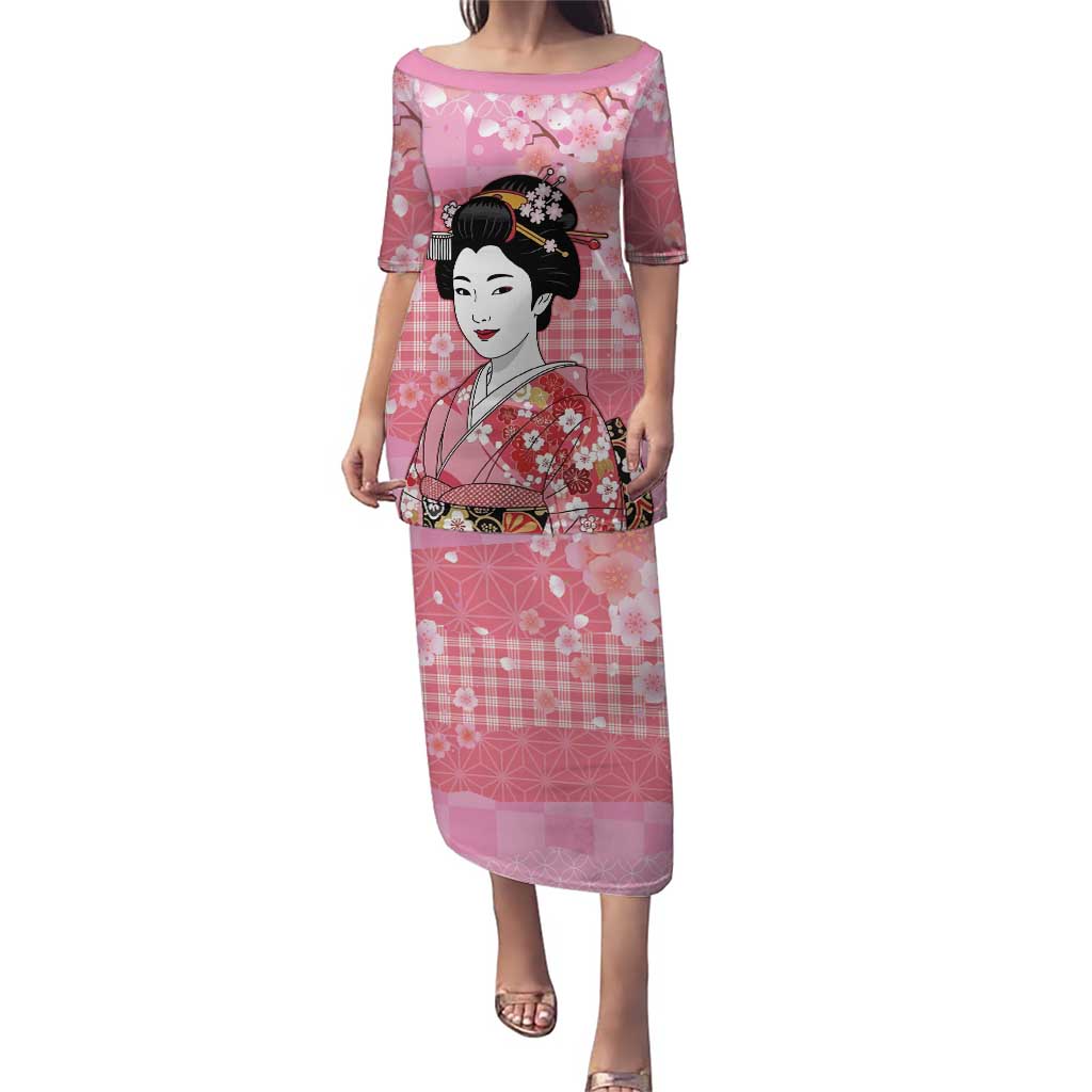 Japanese Geisha Cherry Blossom Puletasi Pink Palaka Hawaii Pattern Fusion Design