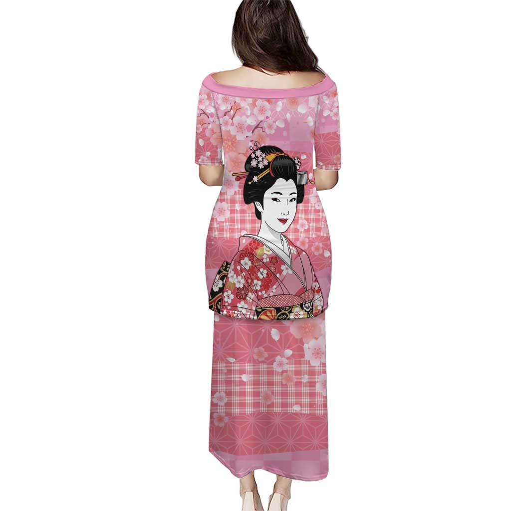 Japanese Geisha Cherry Blossom Puletasi Pink Palaka Hawaii Pattern Fusion Design