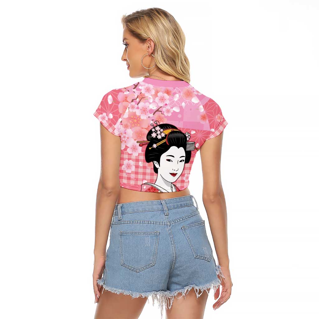 Japanese Geisha Cherry Blossom Raglan Cropped T Shirt Pink Palaka Hawaii Pattern Fusion Design