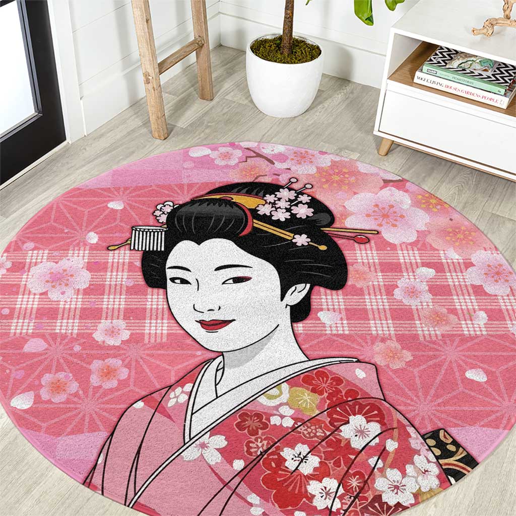 Japanese Geisha Cherry Blossom Round Carpet Pink Palaka Hawaii Pattern Fusion Design