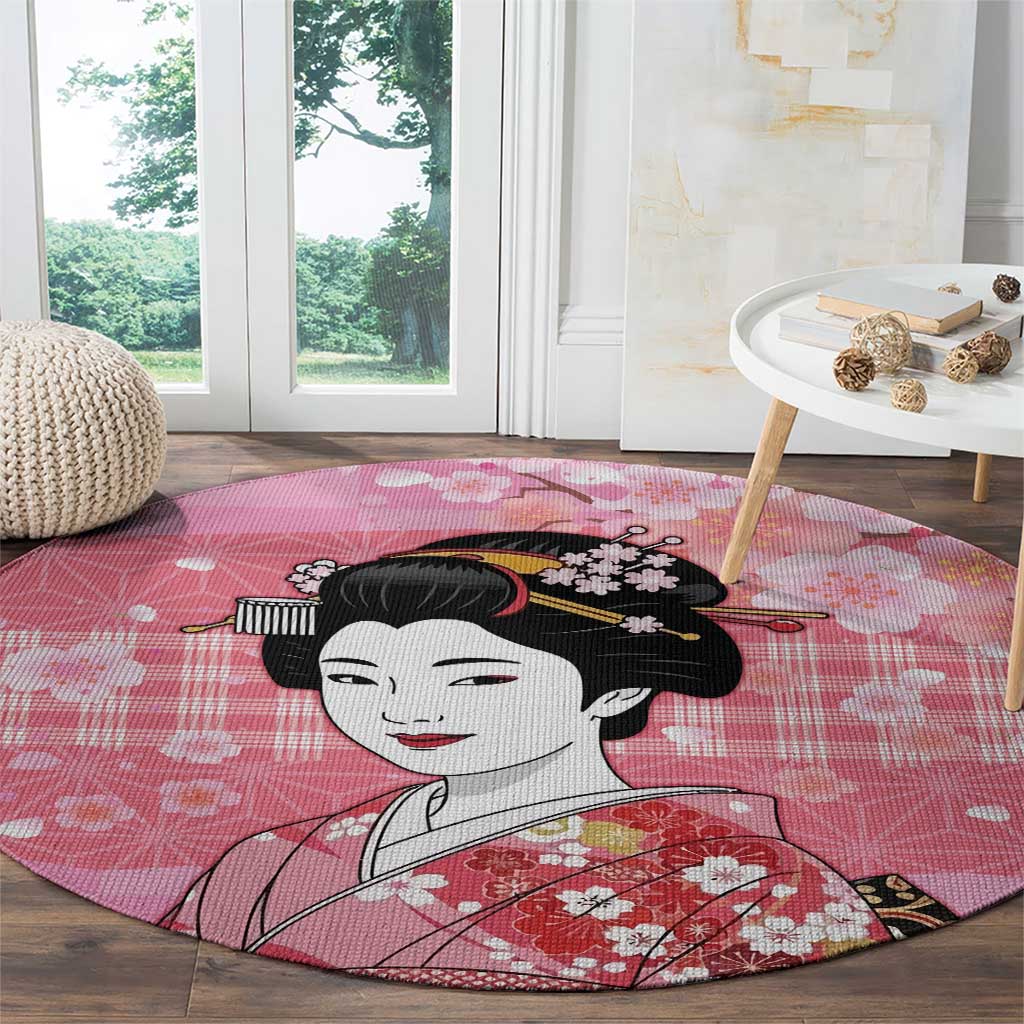Japanese Geisha Cherry Blossom Round Carpet Pink Palaka Hawaii Pattern Fusion Design