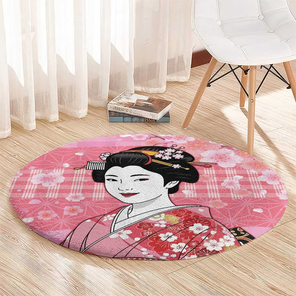 Japanese Geisha Cherry Blossom Round Carpet Pink Palaka Hawaii Pattern Fusion Design