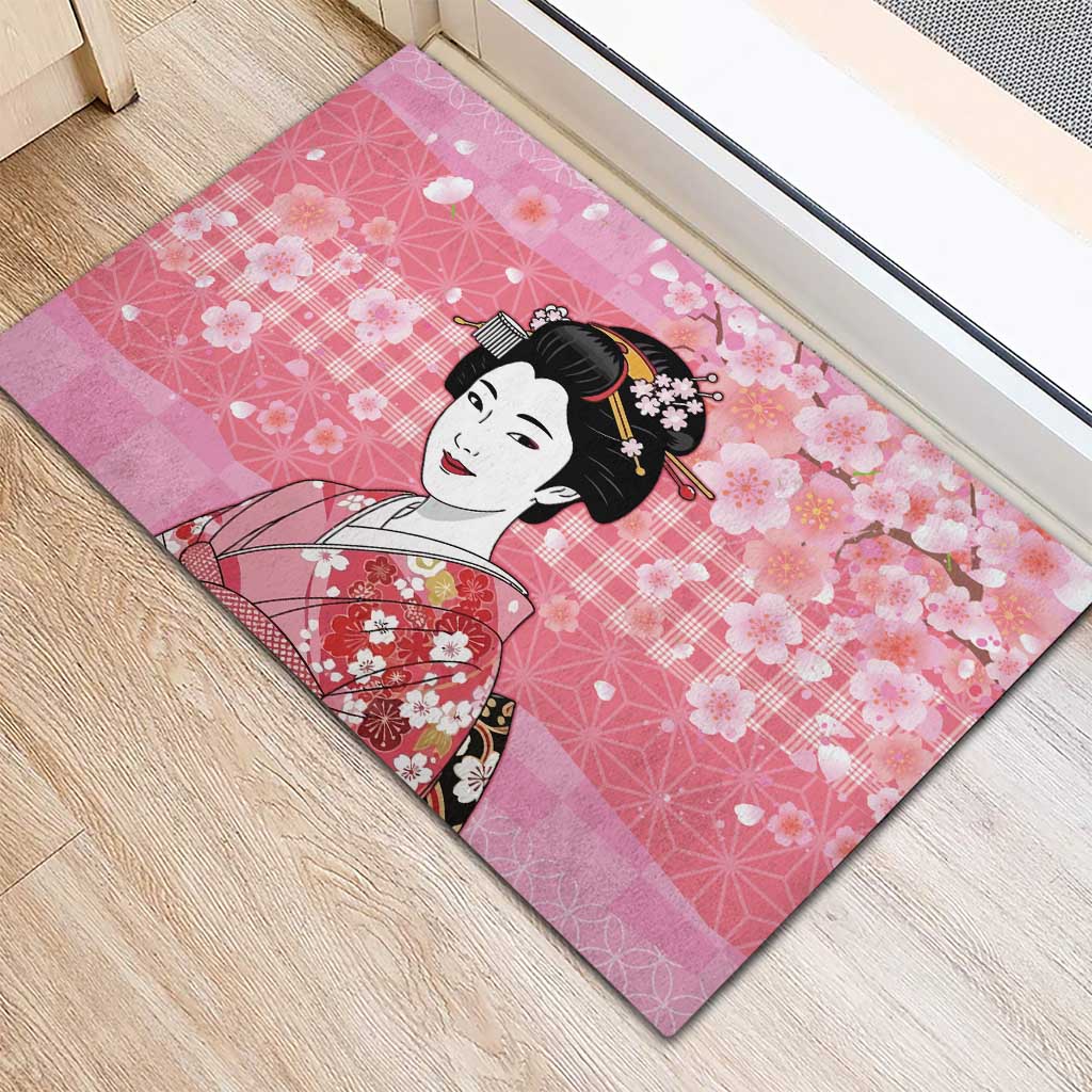 Japanese Geisha Cherry Blossom Rubber Doormat Pink Palaka Hawaii Pattern Fusion Design