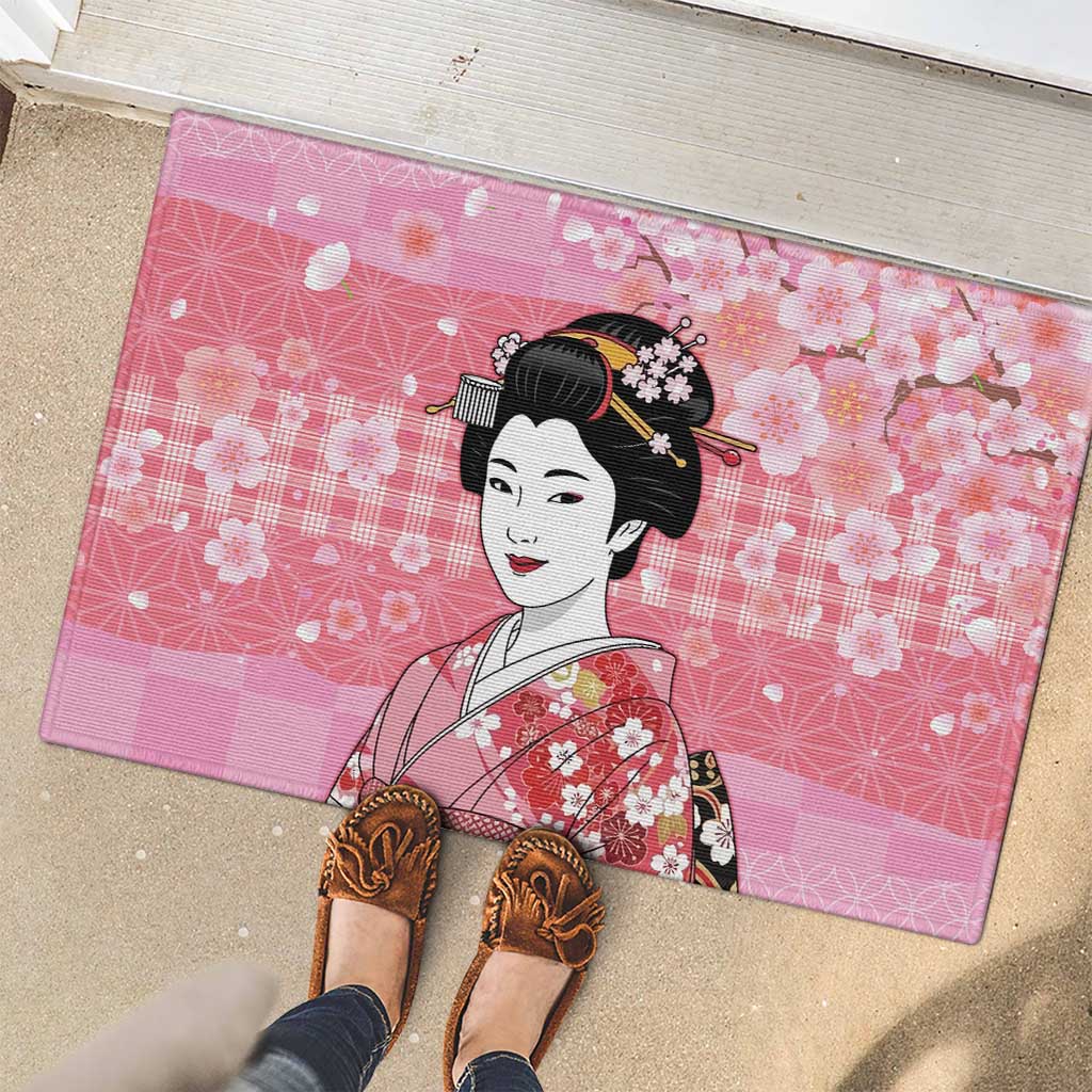 Japanese Geisha Cherry Blossom Rubber Doormat Pink Palaka Hawaii Pattern Fusion Design