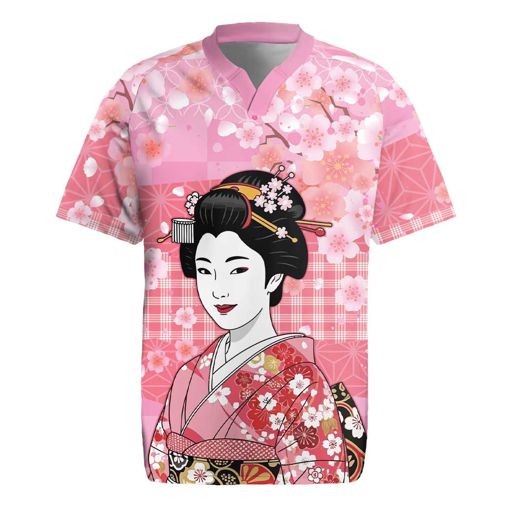 Japanese Geisha Cherry Blossom Rugby Jersey Pink Palaka Hawaii Pattern Fusion Design