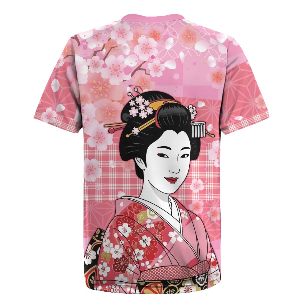 Japanese Geisha Cherry Blossom Rugby Jersey Pink Palaka Hawaii Pattern Fusion Design