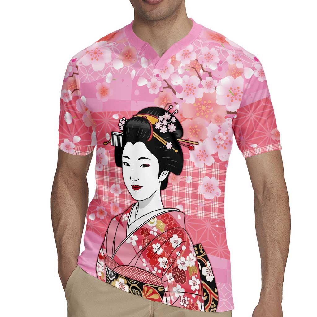 Japanese Geisha Cherry Blossom Rugby Jersey Pink Palaka Hawaii Pattern Fusion Design