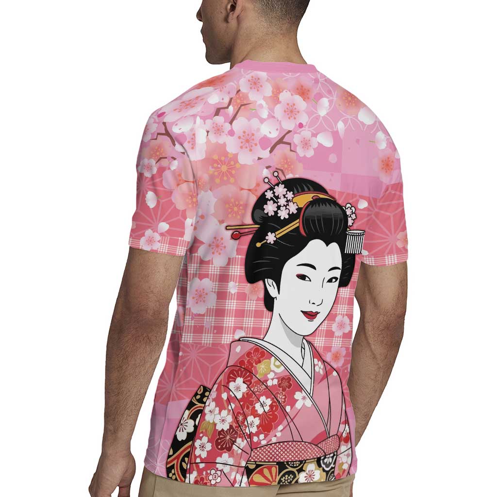 Japanese Geisha Cherry Blossom Rugby Jersey Pink Palaka Hawaii Pattern Fusion Design