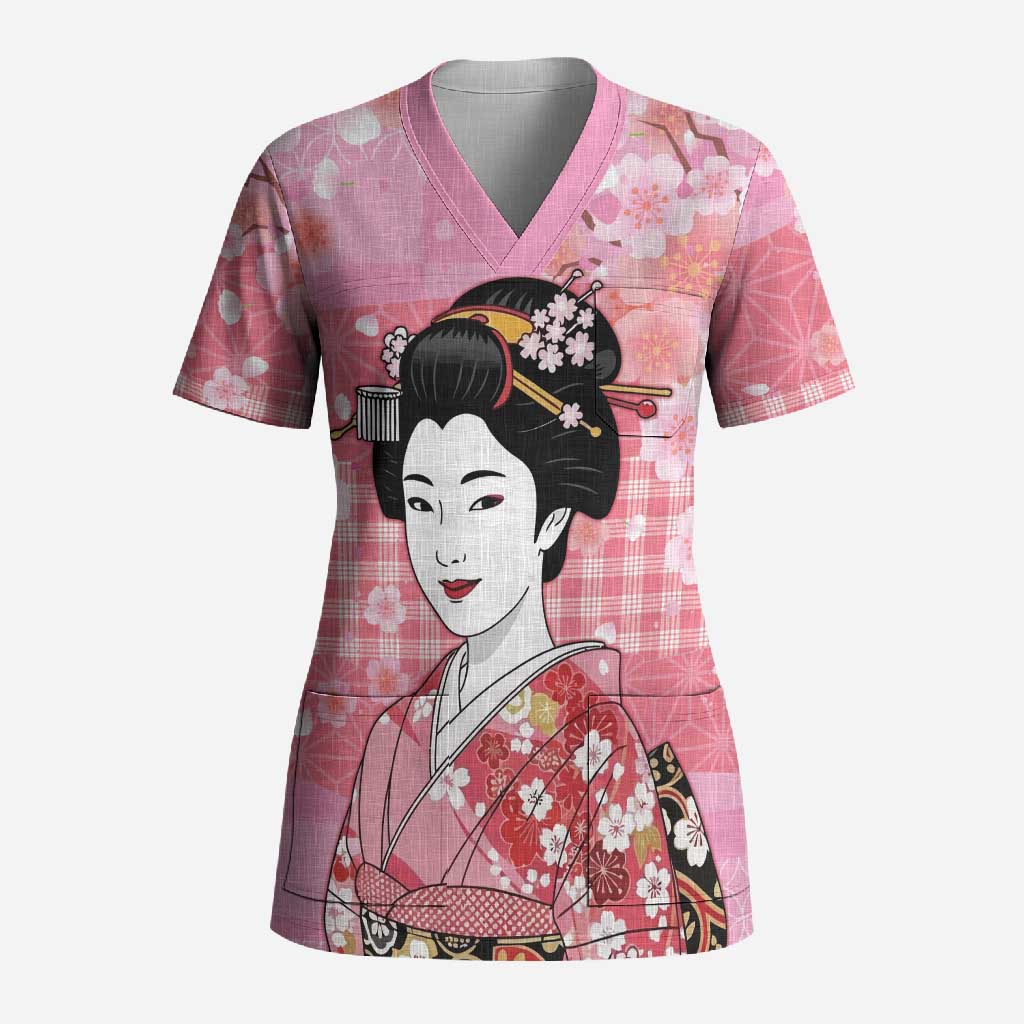Japanese Geisha Cherry Blossom Scrub Top Pink Palaka Hawaii Pattern Fusion Design