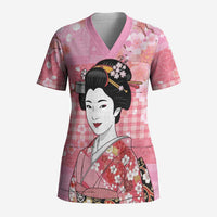 Japanese Geisha Cherry Blossom Scrub Top Pink Palaka Hawaii Pattern Fusion Design