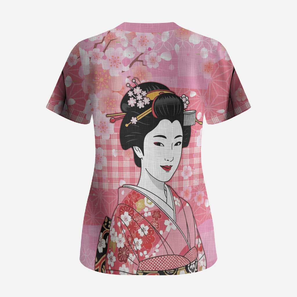 Japanese Geisha Cherry Blossom Scrub Top Pink Palaka Hawaii Pattern Fusion Design