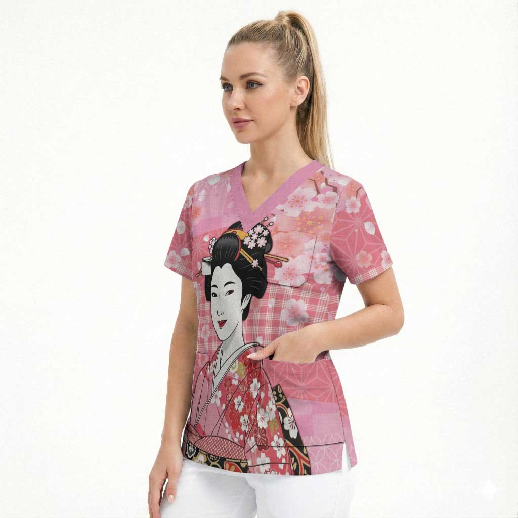 Japanese Geisha Cherry Blossom Scrub Top Pink Palaka Hawaii Pattern Fusion Design