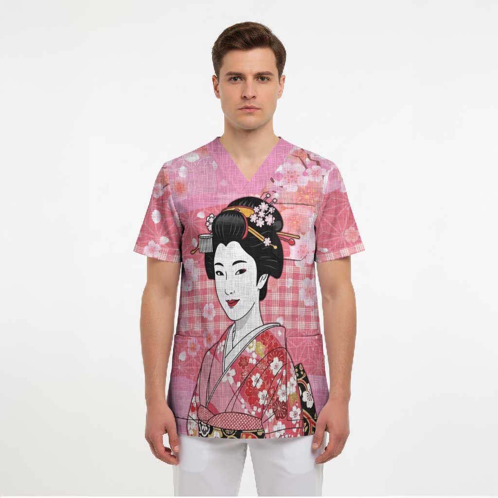 Japanese Geisha Cherry Blossom Scrub Top Pink Palaka Hawaii Pattern Fusion Design