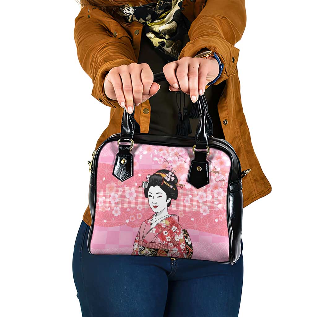 Japanese Geisha Cherry Blossom Shoulder Handbag Pink Palaka Hawaii Pattern Fusion Design