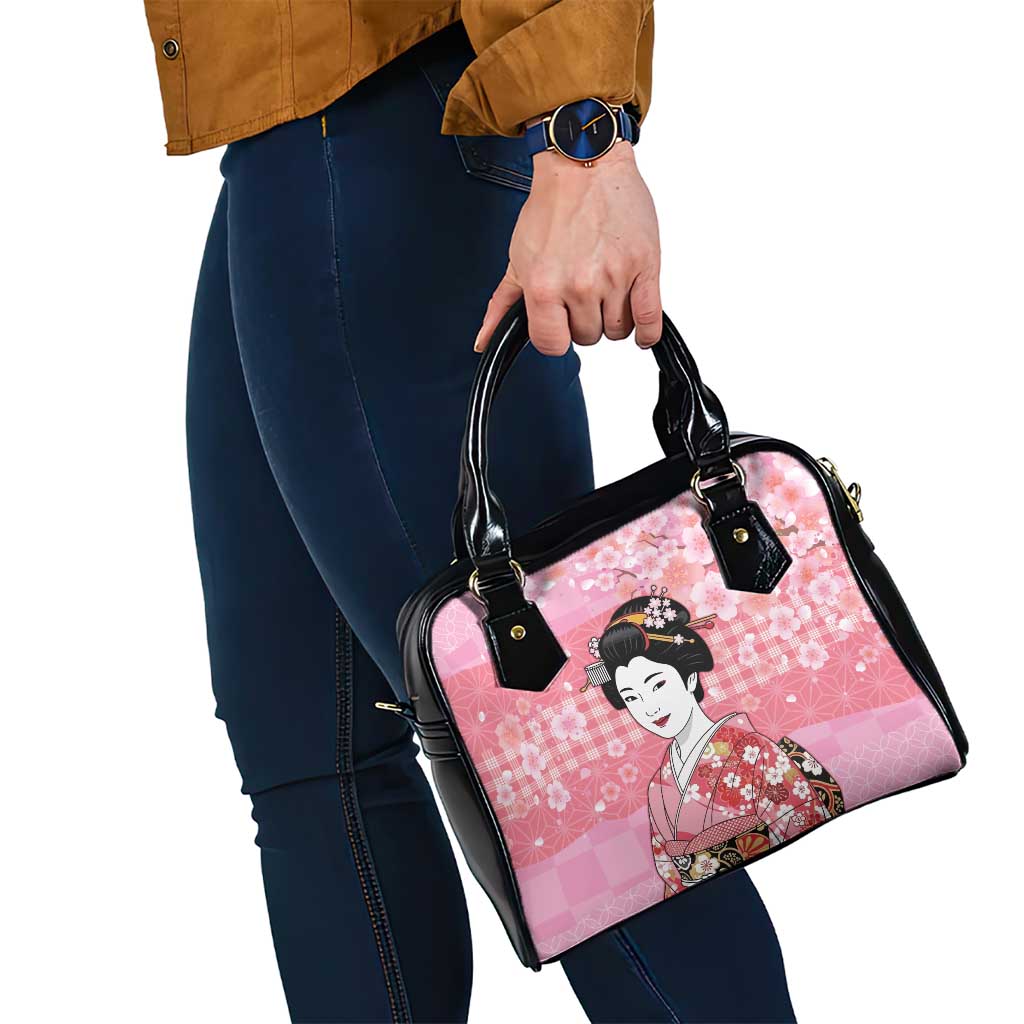 Japanese Geisha Cherry Blossom Shoulder Handbag Pink Palaka Hawaii Pattern Fusion Design