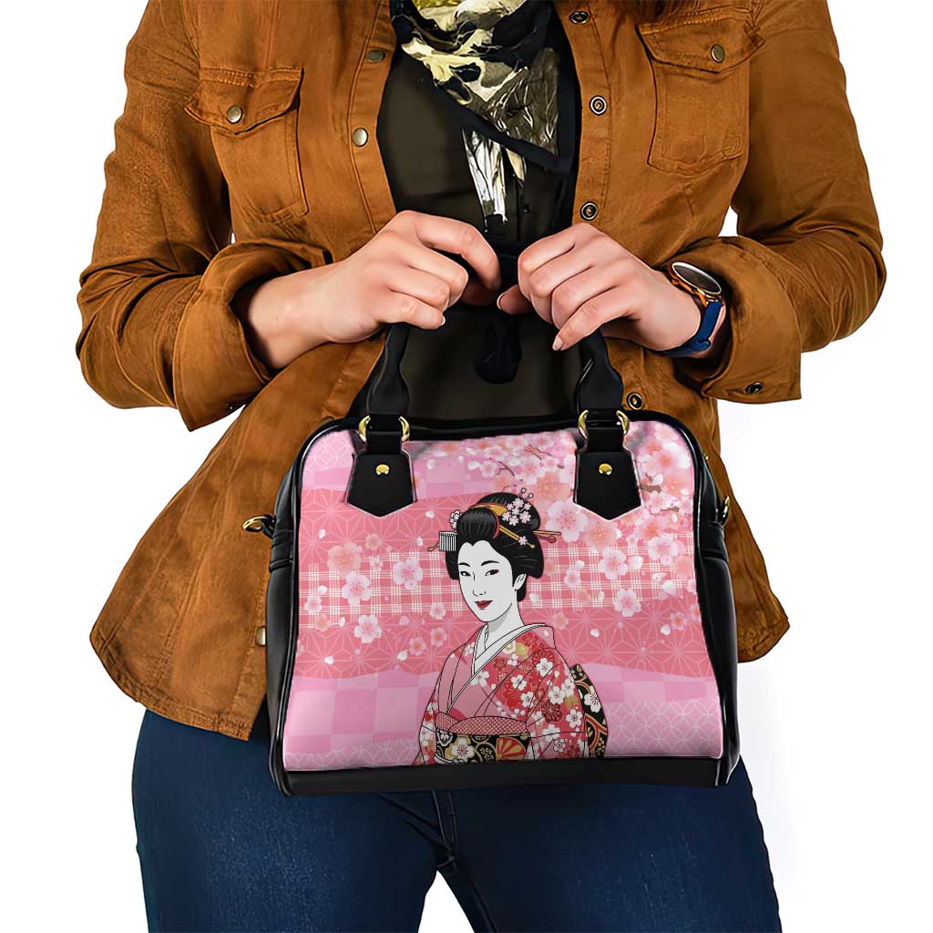 Japanese Geisha Cherry Blossom Shoulder Handbag Pink Palaka Hawaii Pattern Fusion Design
