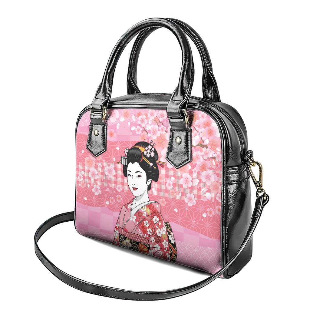 Japanese Geisha Cherry Blossom Shoulder Handbag Pink Palaka Hawaii Pattern Fusion Design