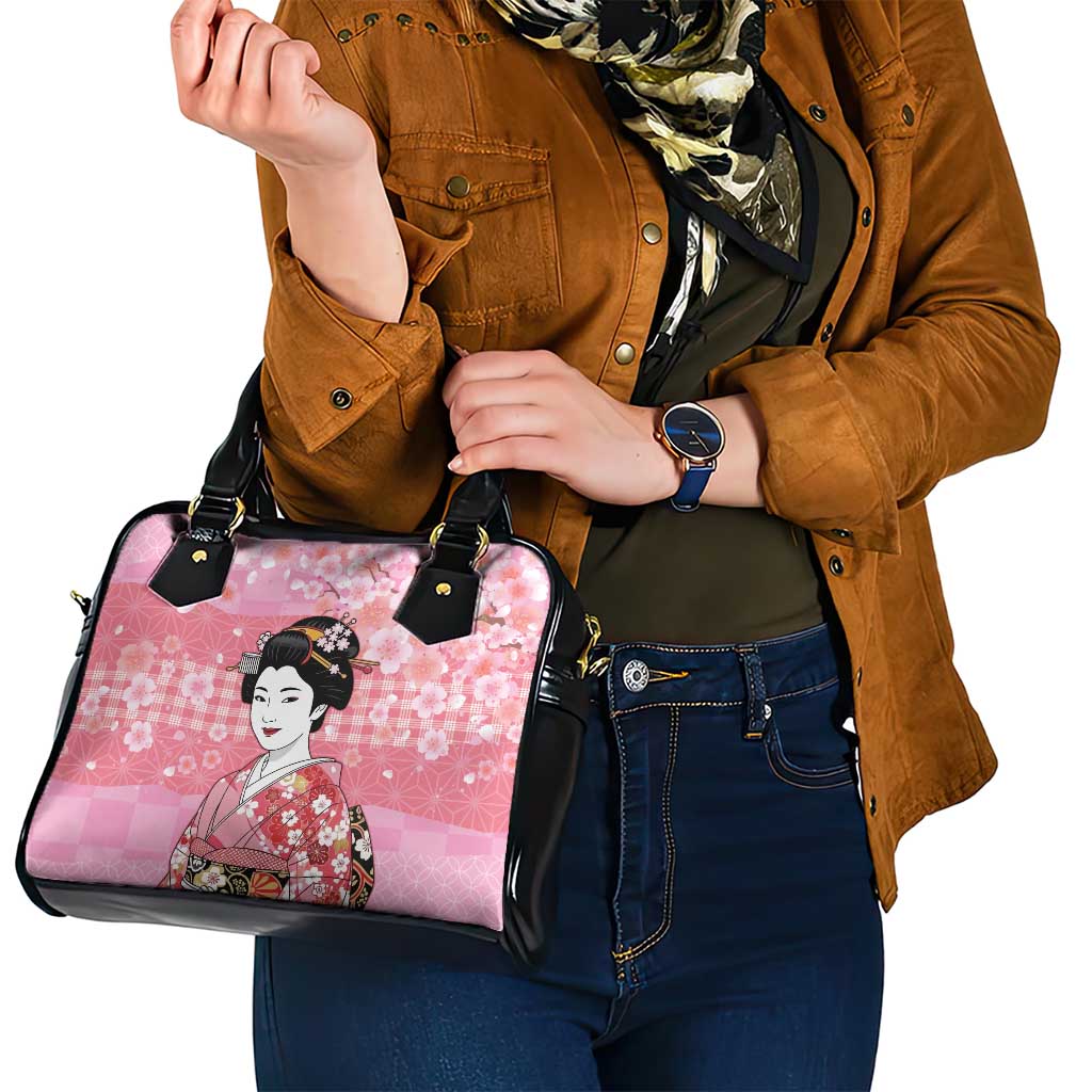 Japanese Geisha Cherry Blossom Shoulder Handbag Pink Palaka Hawaii Pattern Fusion Design