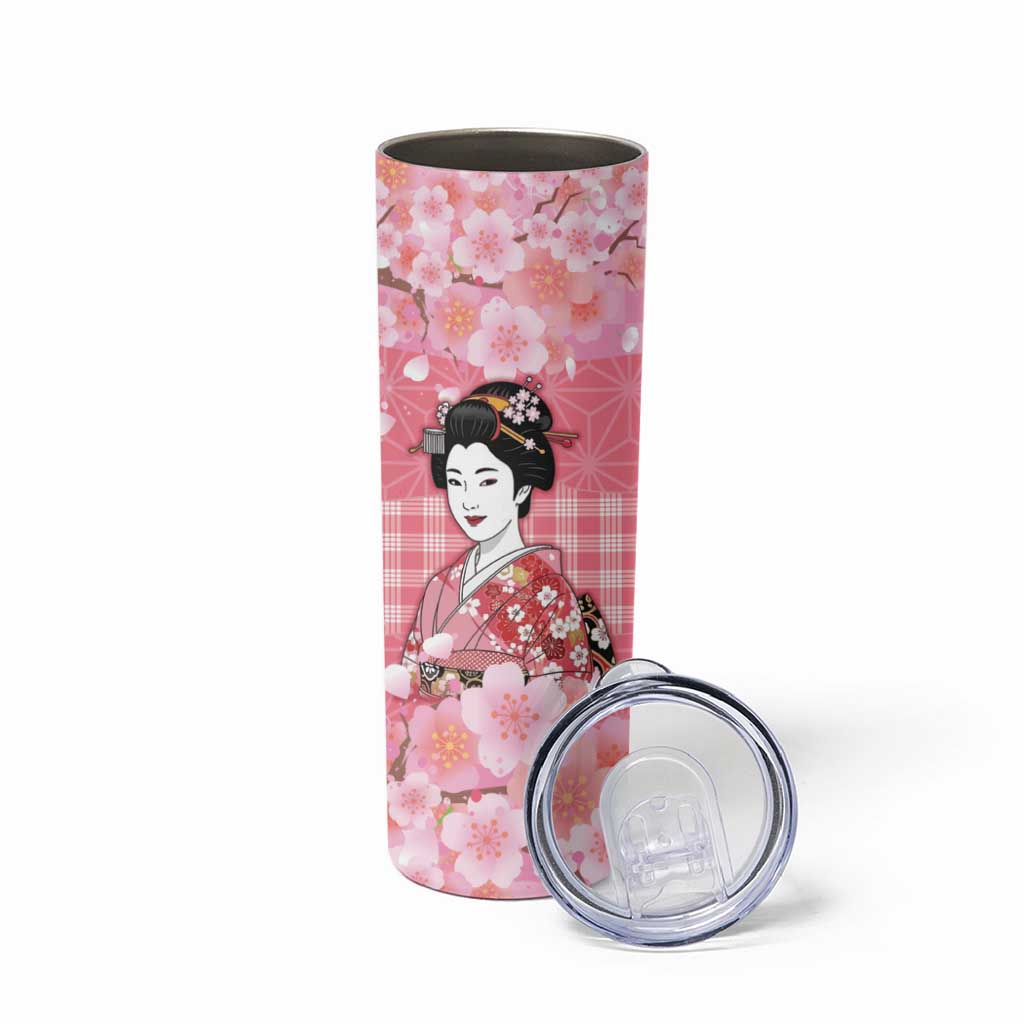 Japanese Geisha Cherry Blossom Skinny Tumbler Pink Palaka Hawaii Pattern Fusion Design