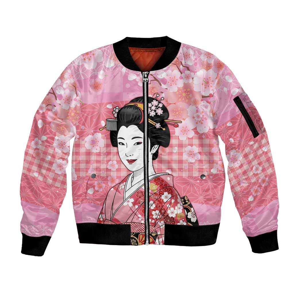 Japanese Geisha Cherry Blossom Sleeve Zip Bomber Jacket Pink Palaka Hawaii Pattern Fusion Design