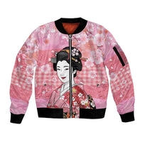 Japanese Geisha Cherry Blossom Sleeve Zip Bomber Jacket Pink Palaka Hawaii Pattern Fusion Design