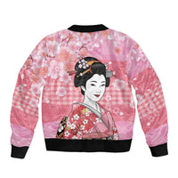 Japanese Geisha Cherry Blossom Sleeve Zip Bomber Jacket Pink Palaka Hawaii Pattern Fusion Design